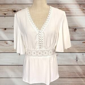 Women's Shein Sz Lg (fits Medium) White Empire Waist Flutter Sleeve Top